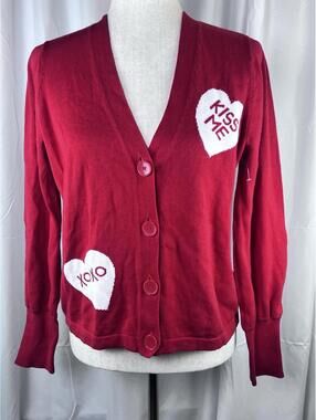 CeCe Women Red Cardigan Medium Valentine Hearts NWOT